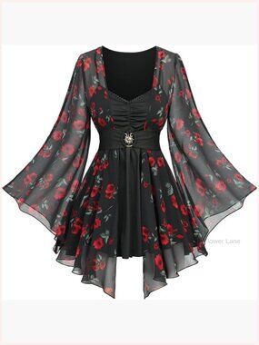 Women's Belted 2-in-1 Top – Ruched Sweetheart Blouse with Flare Sleeves